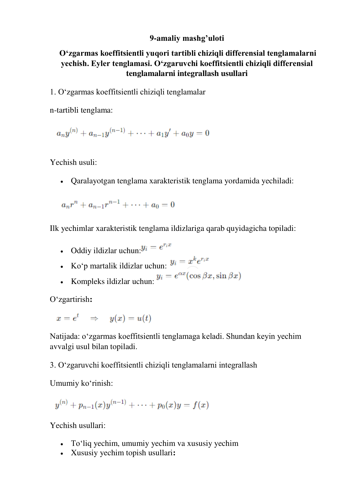 9-Mavzu. O‘zgarmas koeffitsientli yuqori tartibli chiziqli differensial tenglamalarni yechish