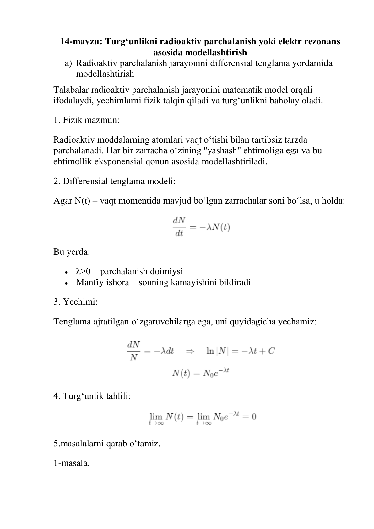 14-Mavzu. Turg‘unlikni radioaktiv parchalanish yoki elektr rezonans asosida modellashtirish