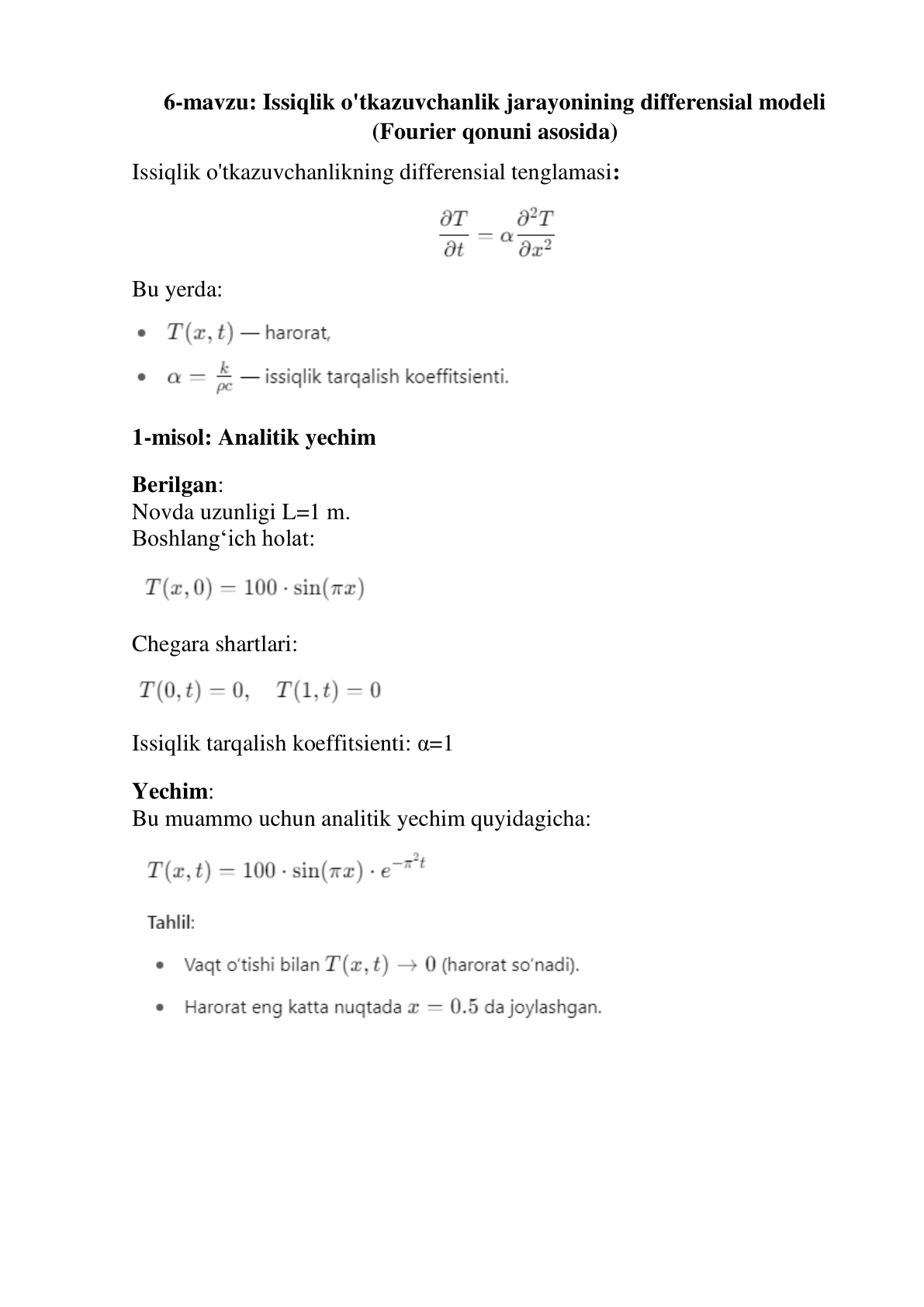 6-Mavzu. Issiqlik o'tkazuvchanlik jarayonining differensial modeli (Fourier qonuni asosida)